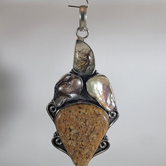 Handmade Silver Pendant – Jasper, Pearl & Rutilated Quartz + 20" Silver Chain - Picture 1 of 10